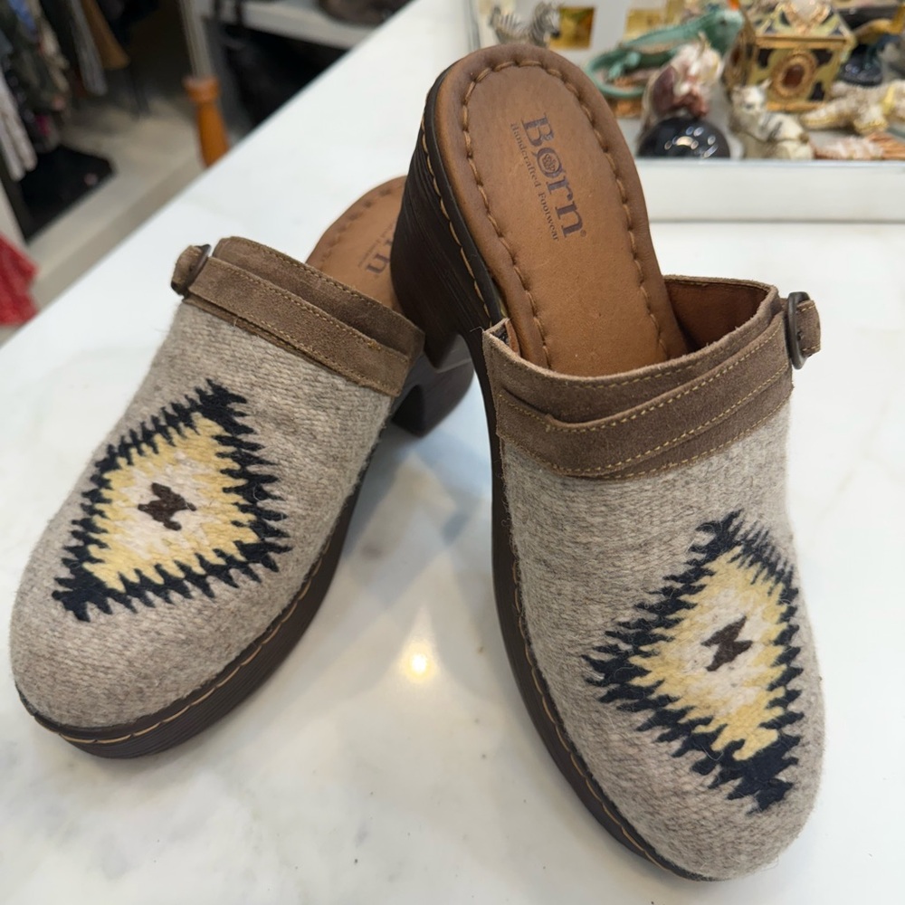Born Tan and Brown Clogs